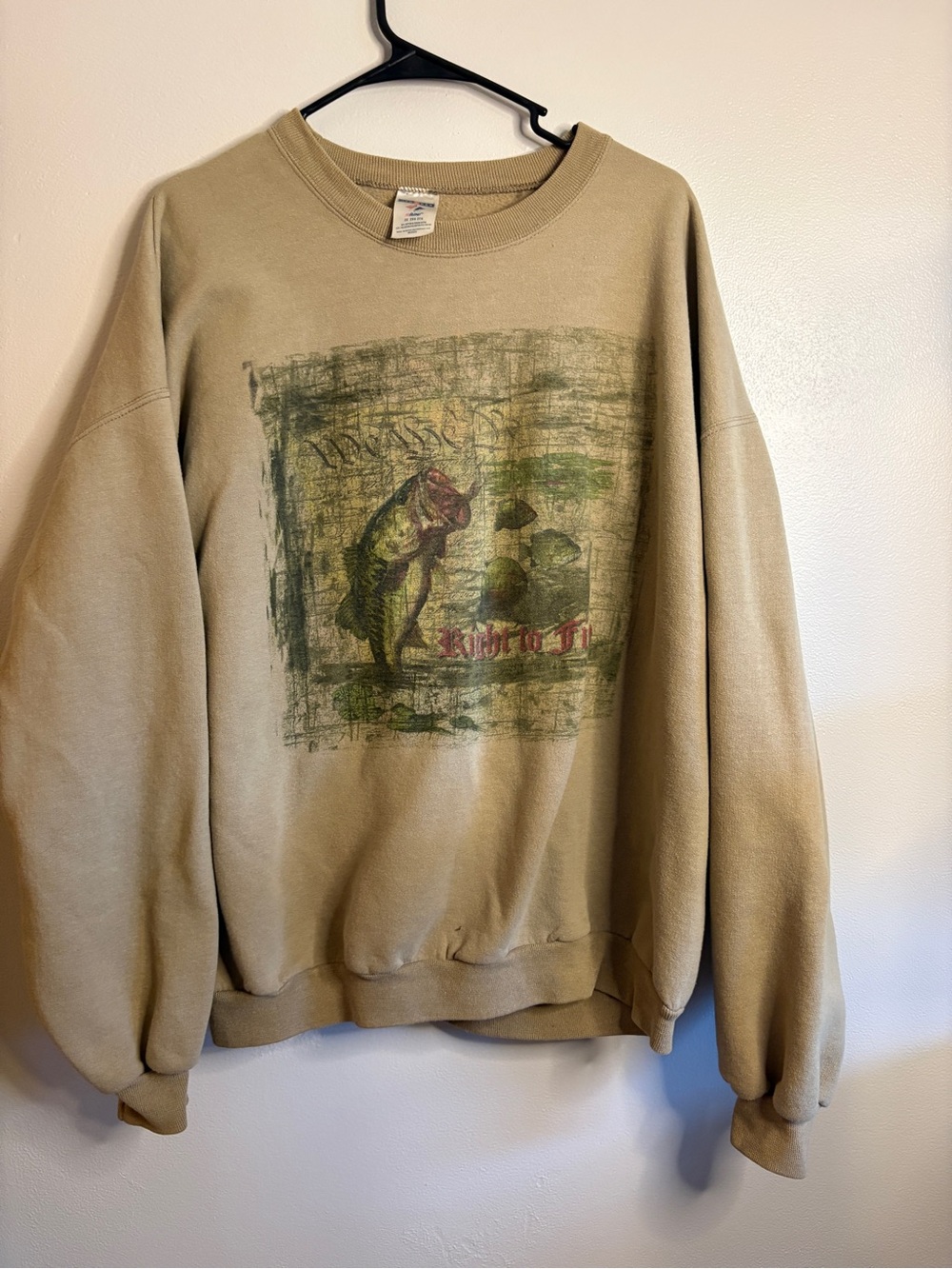 Vintage Jerzees Tan Crewneck Sweater with Fishing Graphic